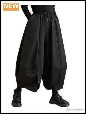 Women's Puffy Drawstring Wide Leg Harem Pants Elastic Waist Drop Crotch Casual